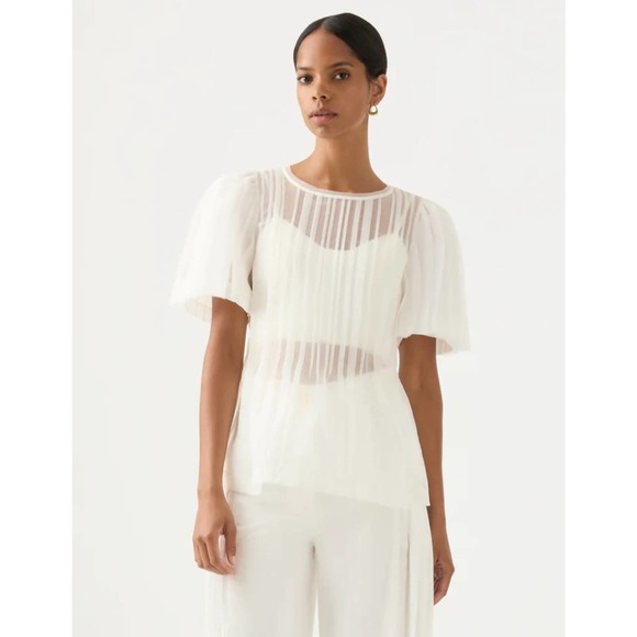 Aje Tops - Aje Size 16 US 12 Stella Linear Ruffle Top Ivory Pleated Sheer